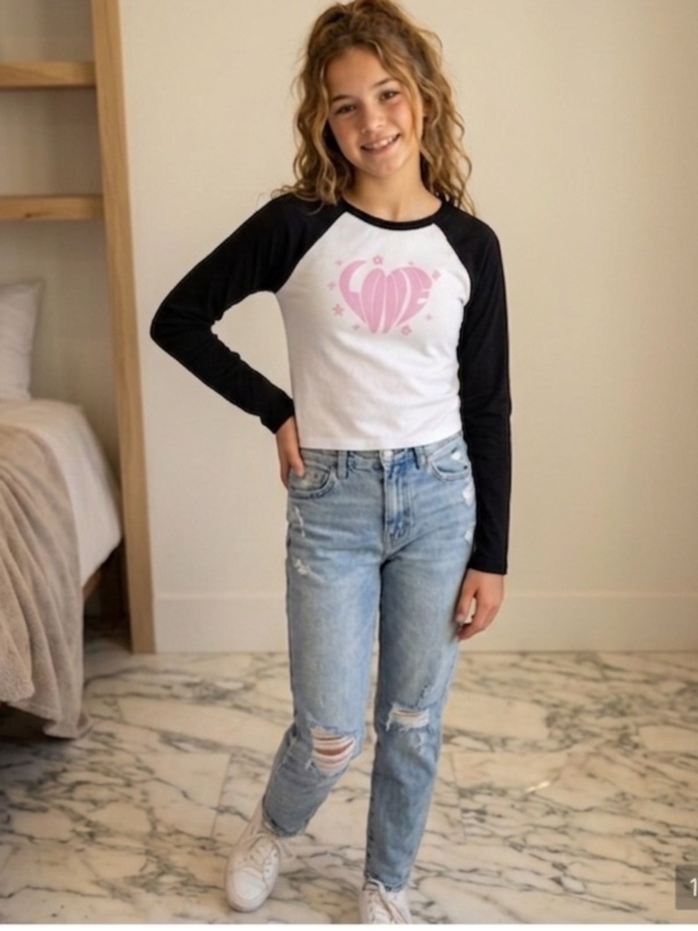 NWOT Hi-Res Pink Love with Black Long Sleeve Ringer T Shirt Size Medium
